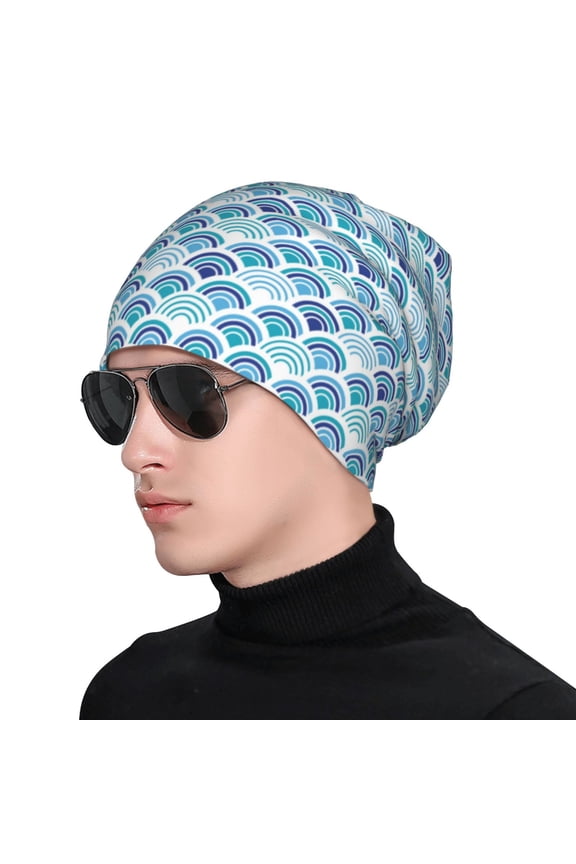 Blue Fish Scale Texture Print Beanie Knitted Hat for Men Women, Winter Fashion Knit Cuffed Caps Unisex