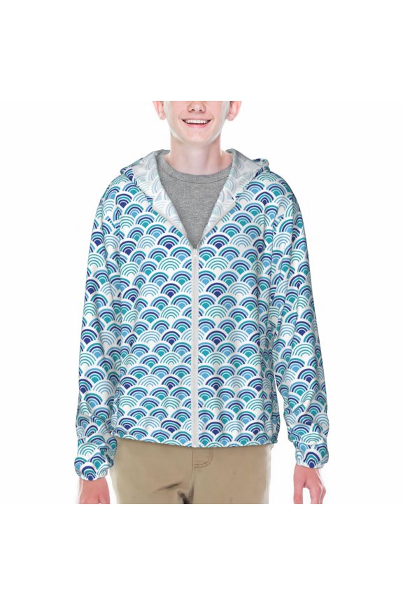 Blue Fish Scale Texture Print Fishing Shirts for teenager Long Sleeve UV Sun Protection Hoodie with Zipper Outdoor Hiking Shirts-Large