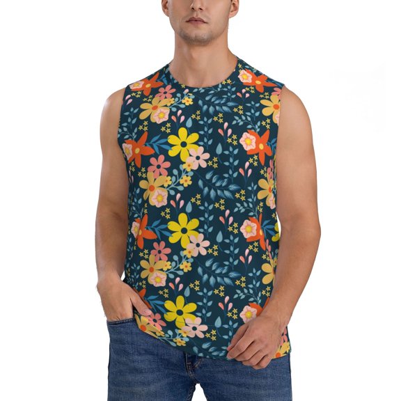 Xecao Blue Floral Print Men's Tank Top: Sleek Sleeveless Tee for Casual Sports and Beach Occasions-3X-Large