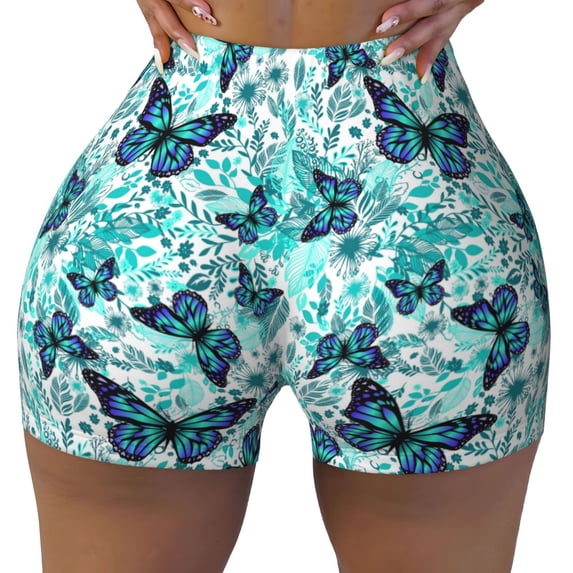 Xecao Blue Floral with Butterflies Print Workout Shorts for Women Soft Smooth Gym Yoga Scrunch Active Tennis Workout Running Shorts