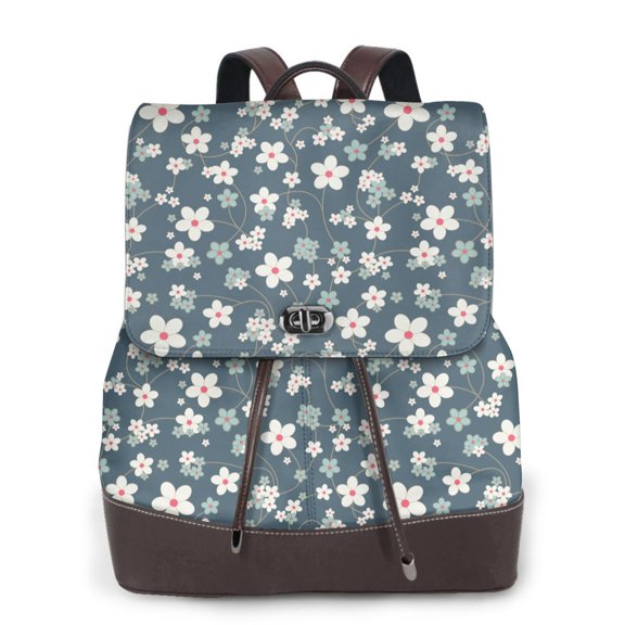 Xecao Blue Flower Print Large Backpack Soft Leather for Women Travel with Compartment, Adjustable Convertible Strap
