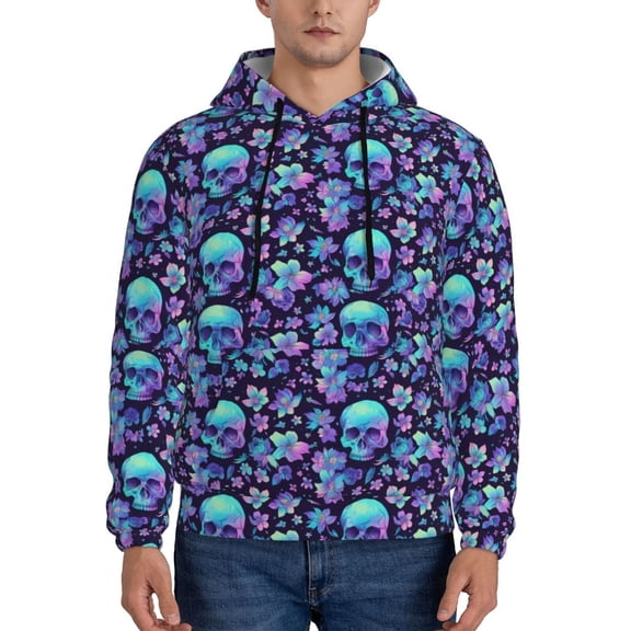 Xecao Blue Flower Skull Pattern Men's Adult Pullover Hoodie,Hooded Sweatshirt-X-Large