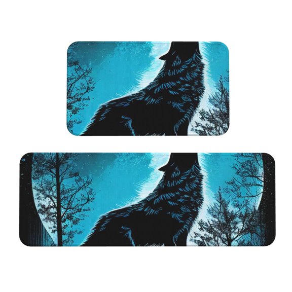 Xecao Blue Full Moon Wolf Patten Kitchen Rugs and Mats Sets,2 Pieces Non-Slip Washable Rugs, Kitchen Mat for Floor,Suit for Kitchen Decor and Accessories