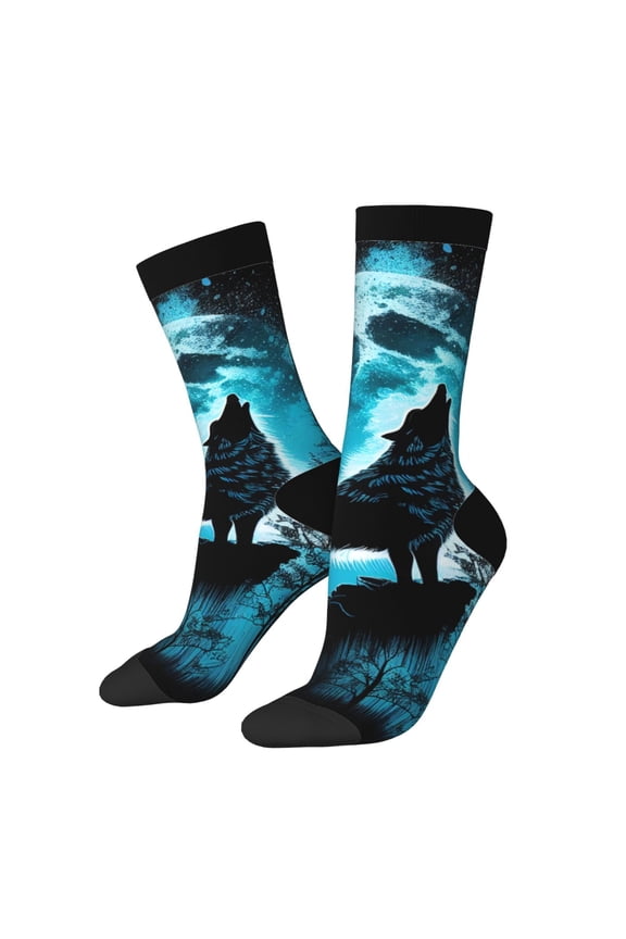 Blue Full Moon Wolf Pattern Sport Socks for Women and Men Crew Socks Sporty Calf Socks Casual Socks