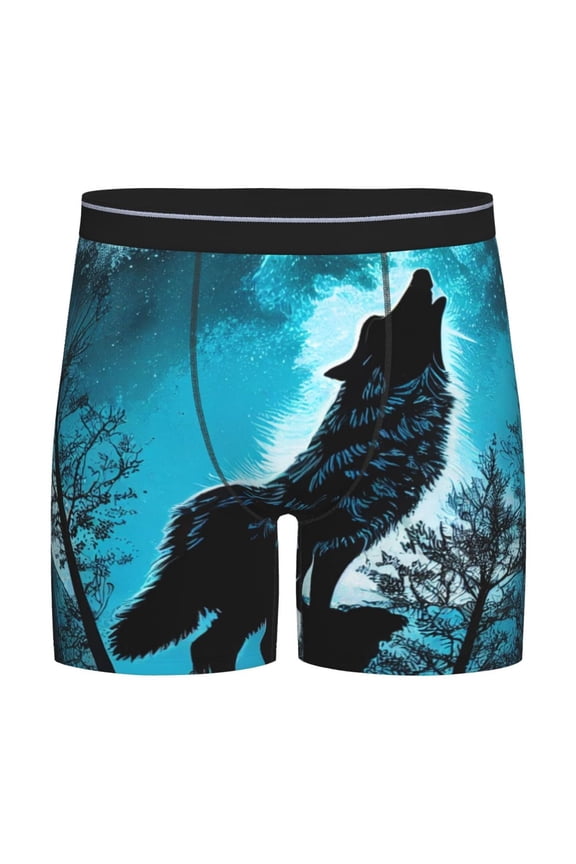 Blue Full Moon Wolf Print Boxer Briefs for Men's Stretch Moisture-Wicking Underwear, Mid-Rise Classics breathable fabric