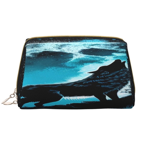 Xecao Blue Full Moon Wolf Print Fashion Makeup PVC Bag Large Capacity Travel Cosmetic Bag for Women Organizer Toiletry Clutch