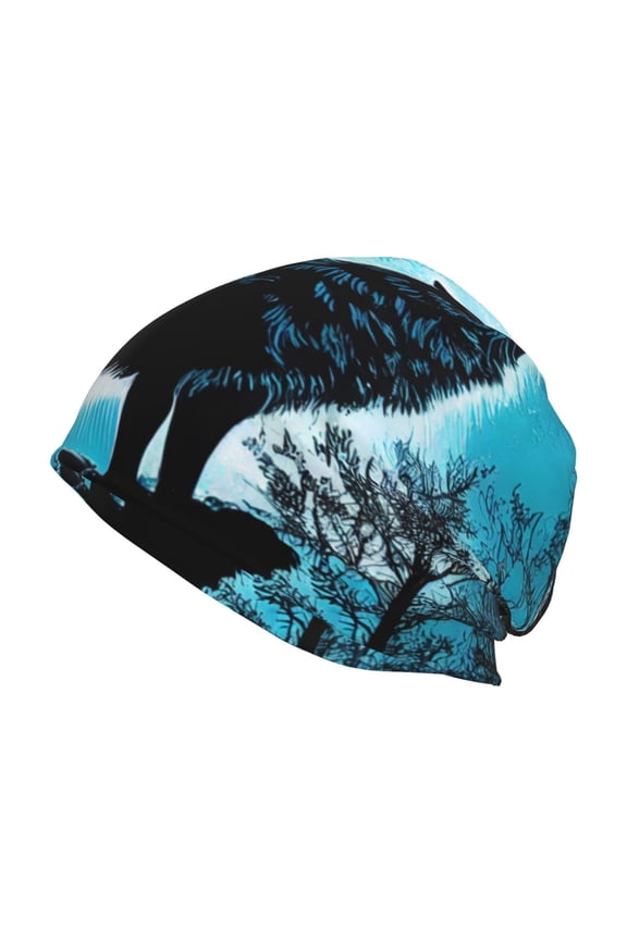 Blue Full Moon Wolf Print Knit Hat,Winter Beanie for Men Women, Beanie Soft Warm Ski Stocking Cuffed Cap