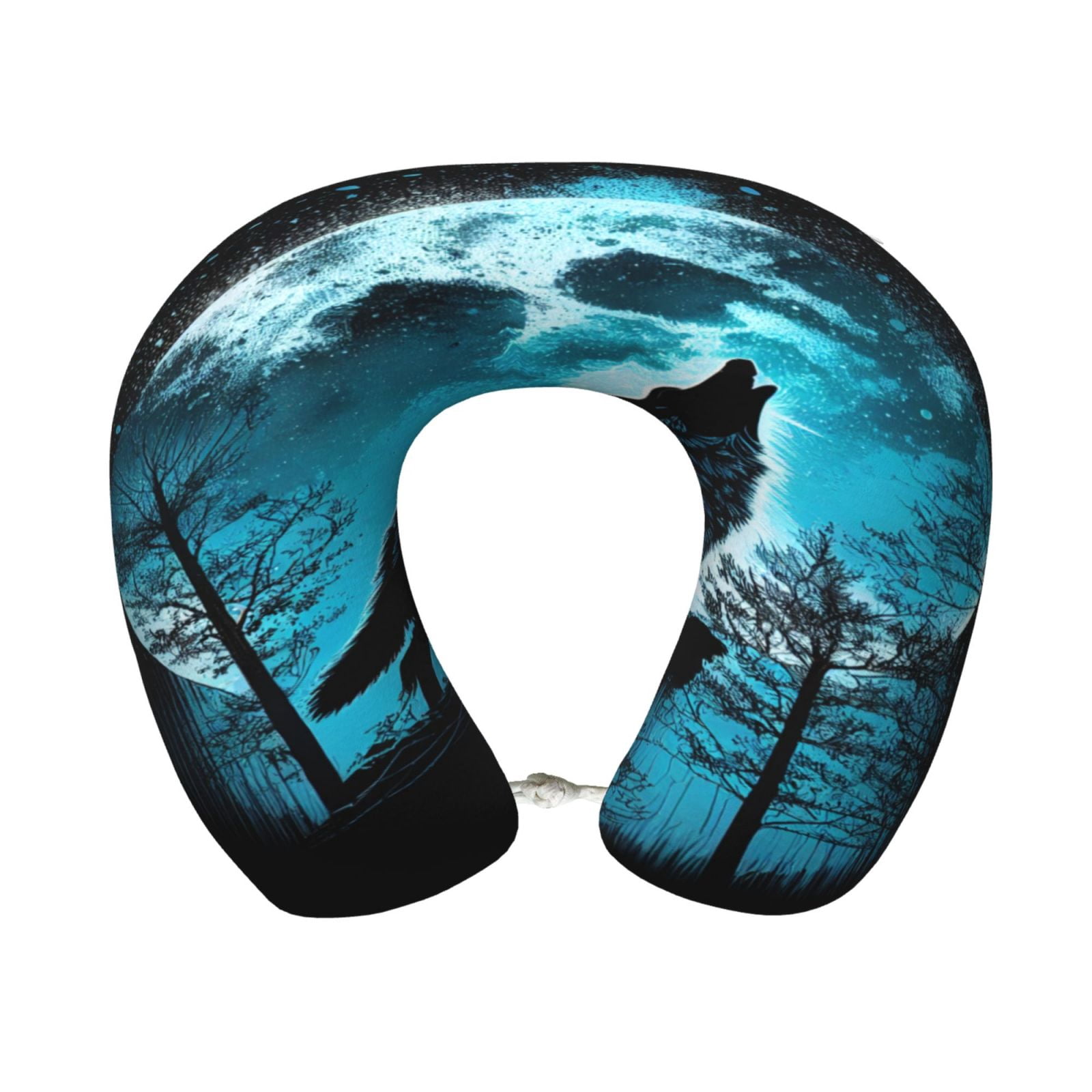 Xecao Blue Full Moon Wolf Print Memory Foam Cervical Neck Pillow Versatile U-Shaped Pillows for Home,Office,Camping,Travelling,Soft Washable Cover