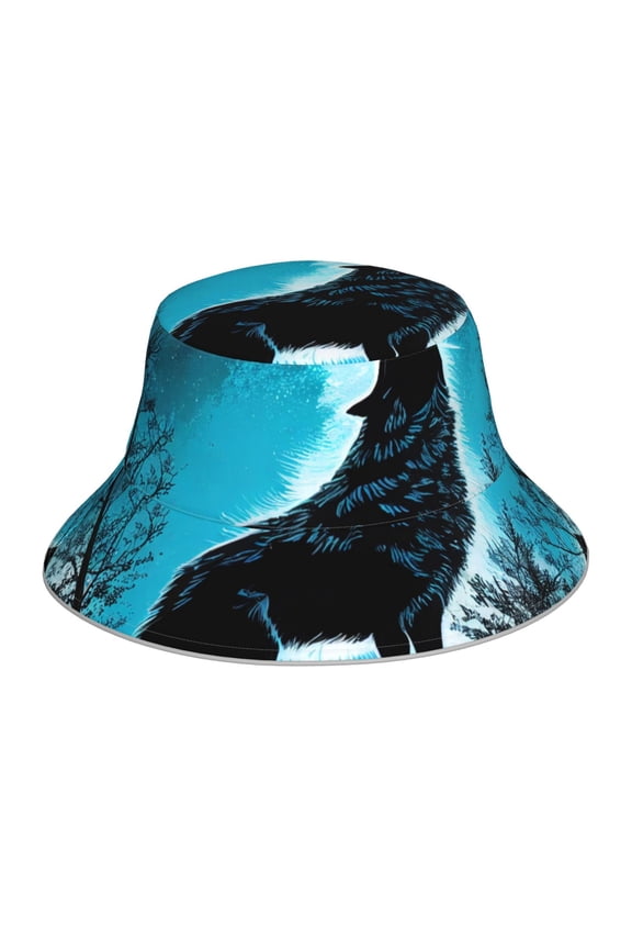 Blue Full Moon Wolf Print Men and Women Night Reflective Hat Runner Cap Visor Bucket Hat Boonie Cap