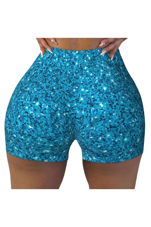 Blue Glitter Print Workout Shorts for Women Soft Smooth Gym Yoga Scrunch Active Tennis Workout Running Shorts