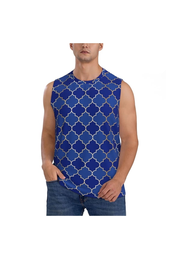 Blue Gold Grid Lantern Shapes Print Men's Tank Top: Sleek Sleeveless Tee for Casual Sports and Beach Occasions-XX-Large