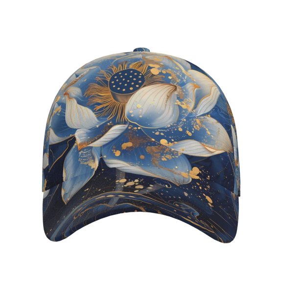 Xecao Blue Golden Dream Lotus for Baseball Cap: Unisex, crafted from classic polyester twill fabric, featuring a soft unconstructed design