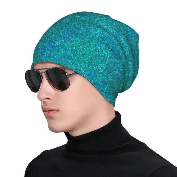 Xecao Blue Green Glitter Print Beanie Knitted Hat for Men Women, Winter Fashion Knit Cuffed Caps Unisex