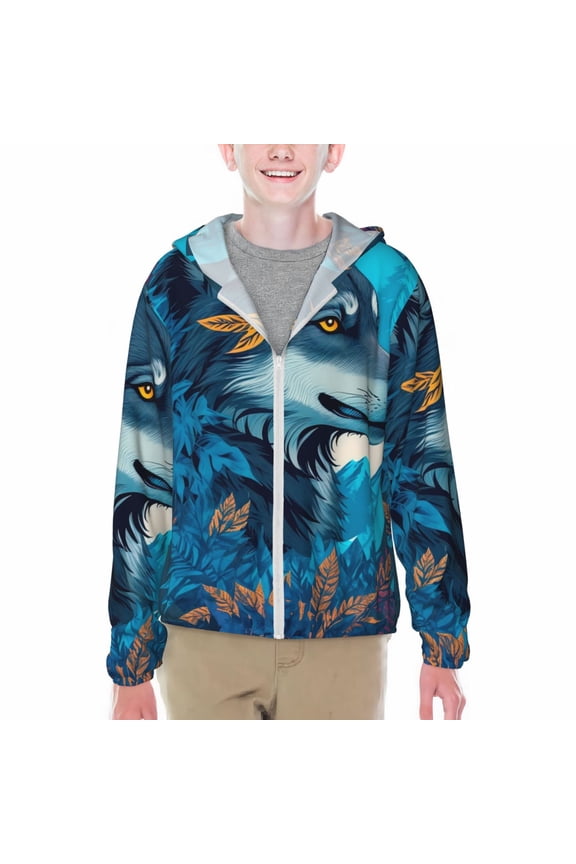 Blue Iceberg Leaf Wolf Print Fishing Shirts for teenager Long Sleeve UV Sun Protection Hoodie with Zipper Outdoor Hiking Shirts-Medium