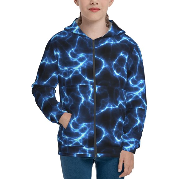 Xecao Blue Lightning Pattern Zip Up Hoodies for Boys Girls, Sweatshirt with Pockets-Small