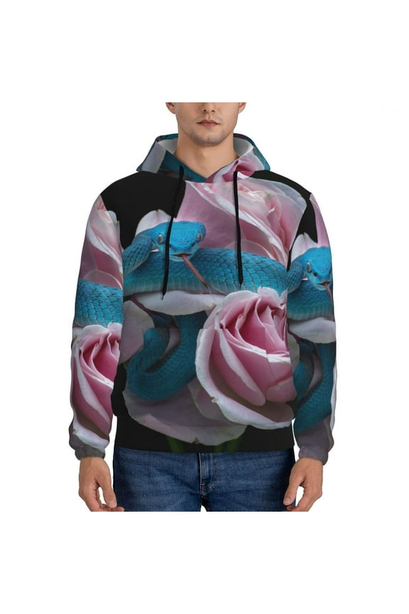 Blue Lipped Pit Viper And Three Pink Roses Pattern Men's Adult Pullover Hoodie,Hooded Sweatshirt-XX-Large