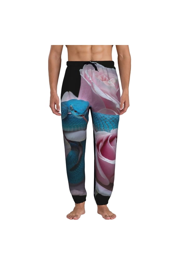 Blue Lipped Pit Viper And Three Pink Roses Print Active Tech Joggers for Men, Mens Sweatpants Lounge Pants with Pockets-XX-Large