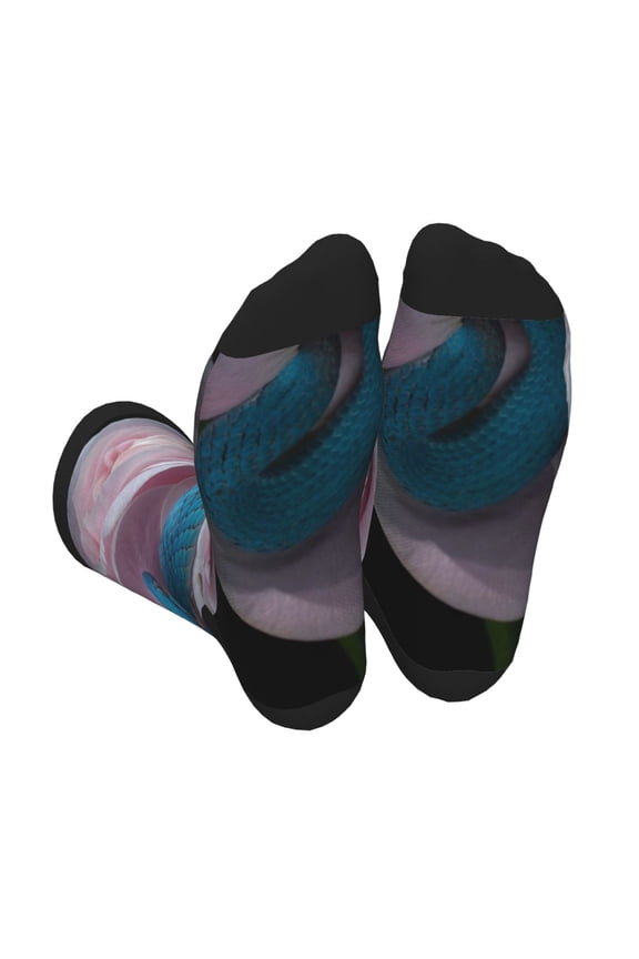 Blue Lipped Pit Viper And Three Pink Roses Print Crew Socks for Men and Women, Men's Soft Moisture-wicking Sock