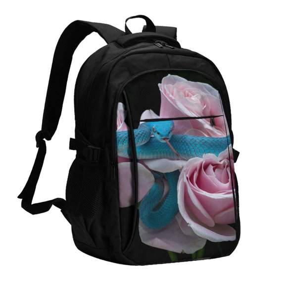 Xecao Blue Lipped Pit Viper And Three Pink Roses for Travel Laptop Backpack, USB-Charging-Enabled, Spacious Business Backpack for Men and Women,College School Computer Bag
