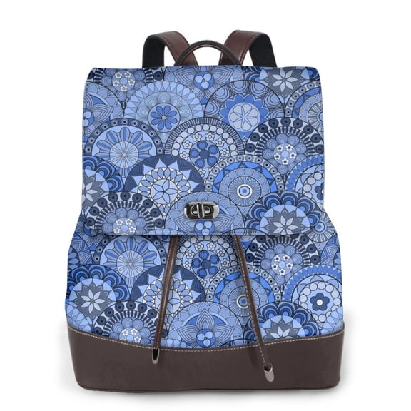 Xecao Blue Mandala Harmony Print Large Backpack Soft Leather for Women Travel with Compartment, Adjustable Convertible Strap