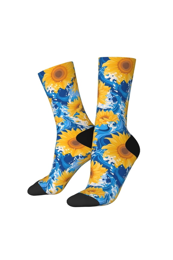 Blue Ocean Wave Sunflower Pattern Sport Socks for Women and Men Crew Socks Sporty Calf Socks Casual Socks