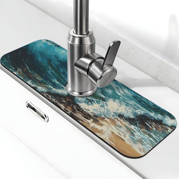 Xecao Blue Ocean Waves for Kitchen Sink Splash Guard Faucet Mat , Faucet Guard & Draining mat, (15" X 5.5" )