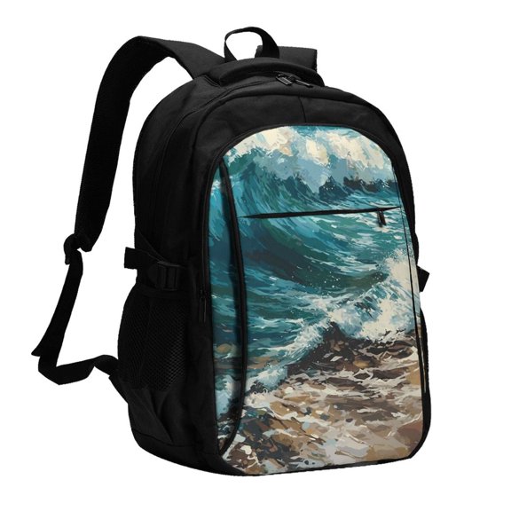 Xecao Blue Ocean Waves for Travel Laptop Backpack, USB-Charging-Enabled, Spacious Business Backpack for Men and Women,College School Computer Bag