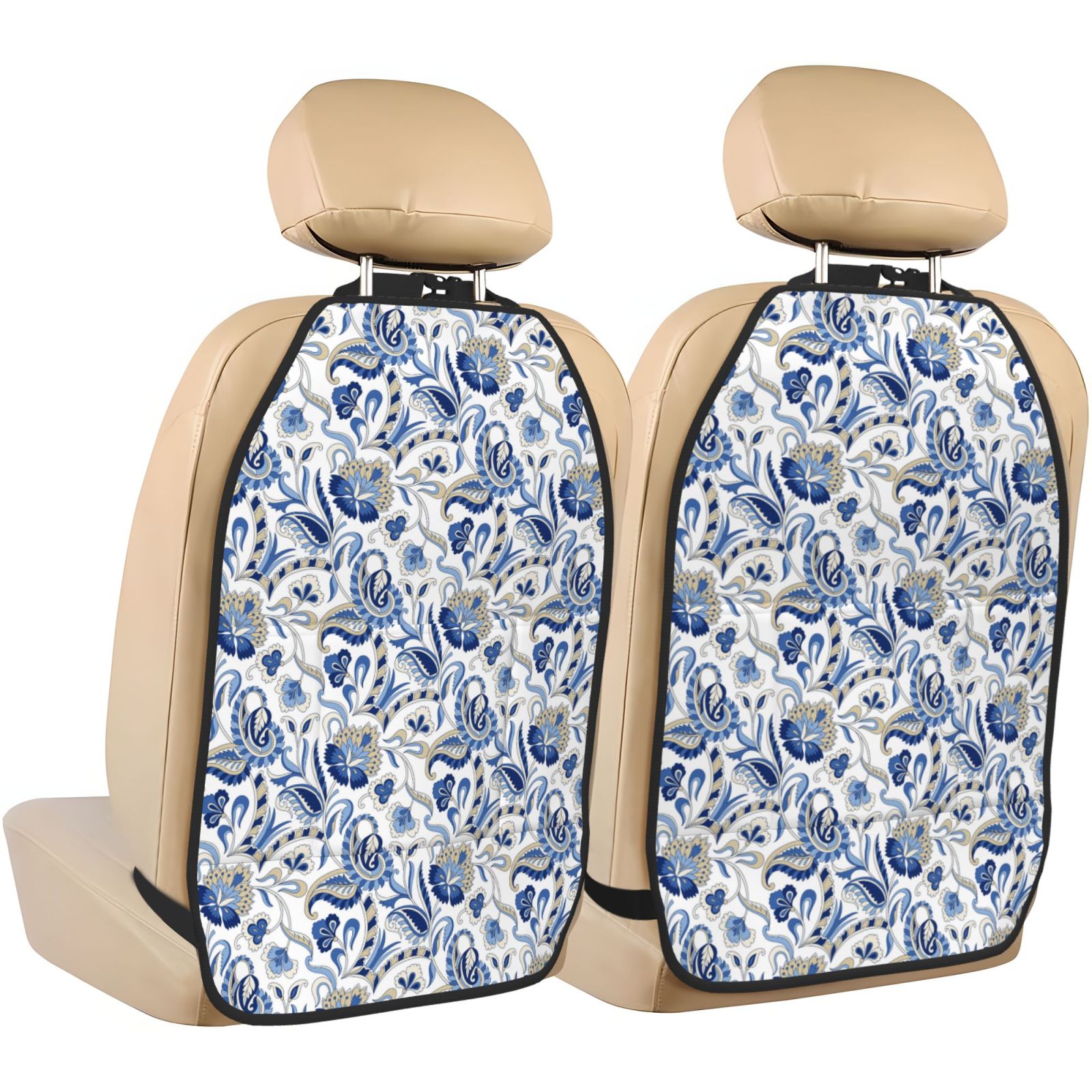 Xecao Blue Paisley Pattern Car Seat Back Protector 2 Pack Large Capacity Pocket, Kick Mats Back Seat Protector