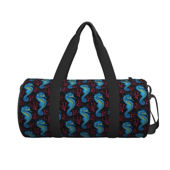 Xecao Blue Seahorse print Round Travel Duffel Bag is a foldable gym bag with an inner pocket, perfect for travel sports