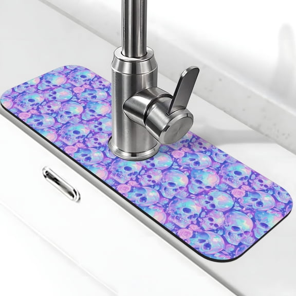 Xecao Blue Skull Daisy for Kitchen Sink Splash Guard Faucet Mat , Faucet Guard & Draining mat, (15" X 5.5" )