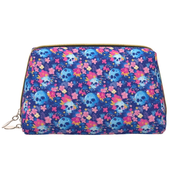 Xecao Blue Skull Flower Print Fashion Makeup PVC Bag Large Capacity Travel Cosmetic Bag for Women Organizer Toiletry Clutch