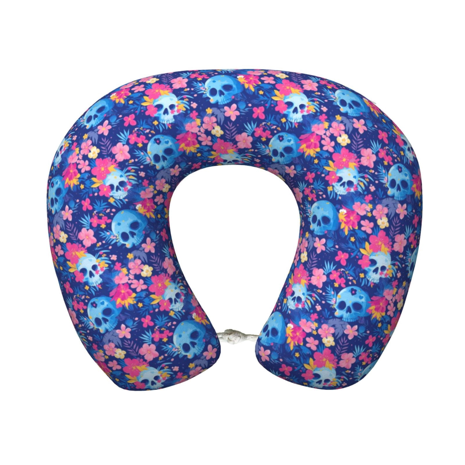Xecao Blue Skull Flower Print Memory Foam Cervical Neck Pillow Versatile U-Shaped Pillows for Home,Office,Camping,Travelling,Soft Washable Cover