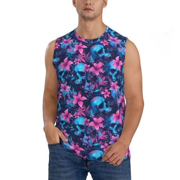 Xecao Blue Skull Flower Print Men's Tank Top: Sleek Sleeveless Tee for Casual Sports and Beach Occasions-Small