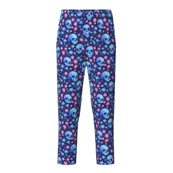 Xecao Blue Skull Flower Print Teenagers' Pajama Pants Long Sleep Pants Soft Elastic Waist Pajama Bottoms Elastic waist with 2 Pockets 5-16 Years-Small