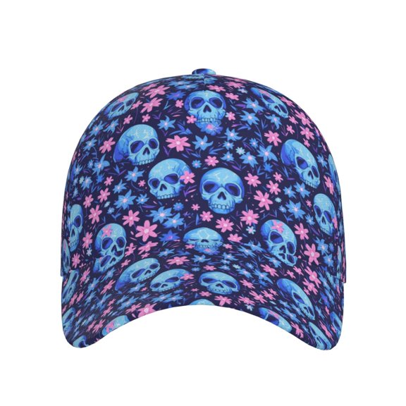 Xecao Blue Skull Flower for Baseball Cap: Unisex, crafted from classic polyester twill fabric, featuring a soft unconstructed design