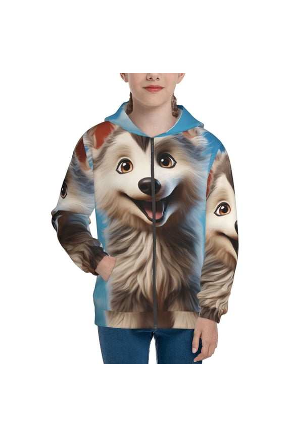 Blue Sky Cute Wolf Pattern Zip Up Hoodies for Boys Girls, Sweatshirt with Pockets-Medium