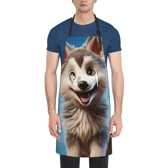 Xecao Blue Sky Cute Wolf Print Kitchen Cooking Aprons, Waterproof Adjustable Bib Aprons with 2 Pockets for Women Men Chef