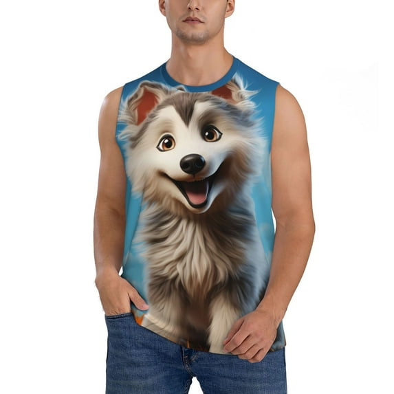 Xecao Blue Sky Cute Wolf Print Men's Tank Top: Sleek Sleeveless Tee for Casual Sports and Beach Occasions-Small