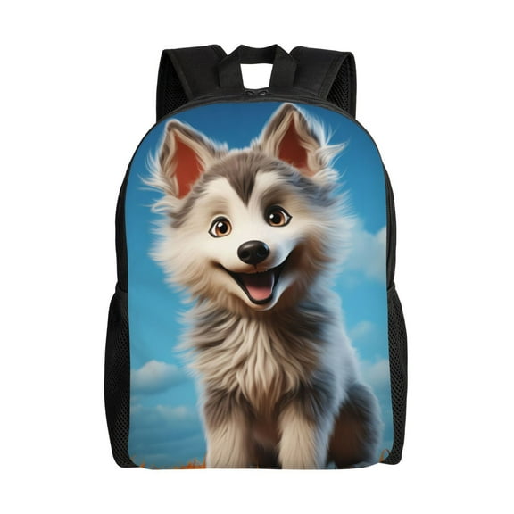 Xecao Blue Sky Cute Wolf Print School Backpack with Laptop Compartment Small Travel Laptop Backpack for Women Men Waterproof College Backpack Simple School Bag