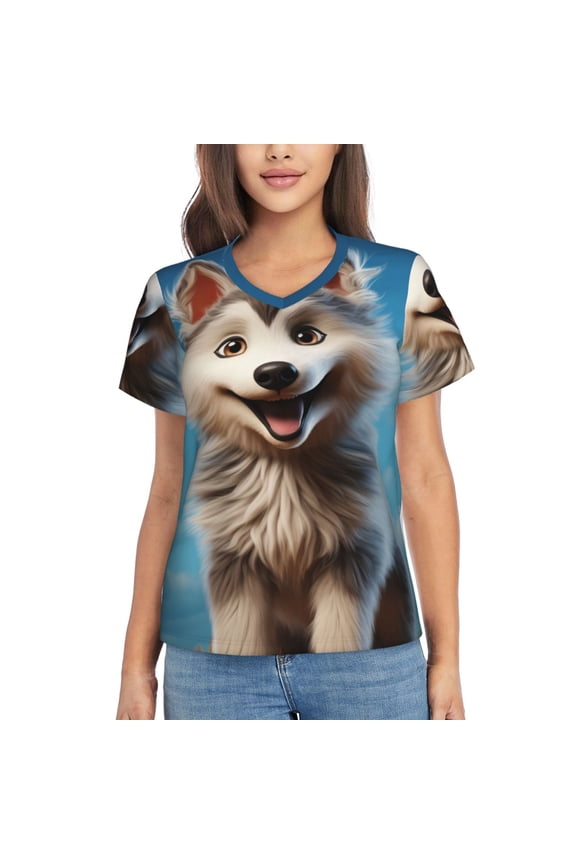 Blue Sky Cute Wolf for Women's V-Neck T-Shirts-Elegant Half-Sleeve Tops Perfect for Summer-XX-Large