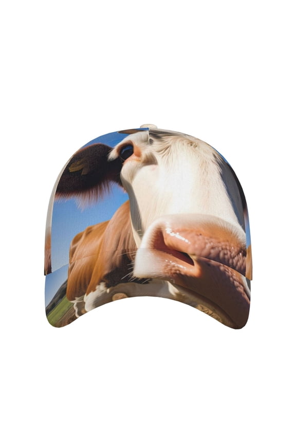 Blue Sky Meadow Cute Cow for Baseball Cap: Unisex, crafted from classic polyester twill fabric, featuring a soft unconstructed design