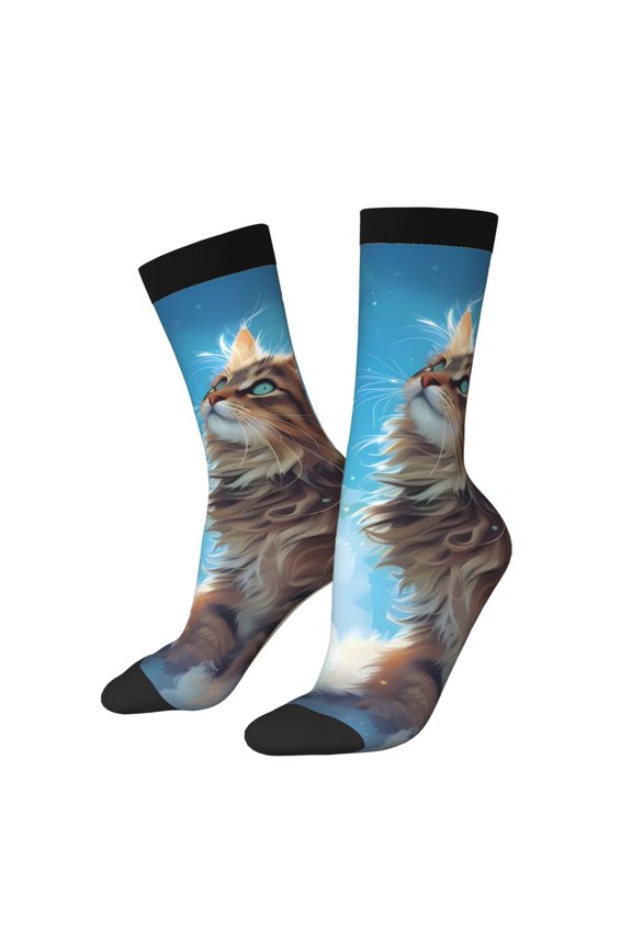 Blue Sky Winged Cat Pattern Sport Socks for Women and Men Crew Socks Sporty Calf Socks Casual Socks