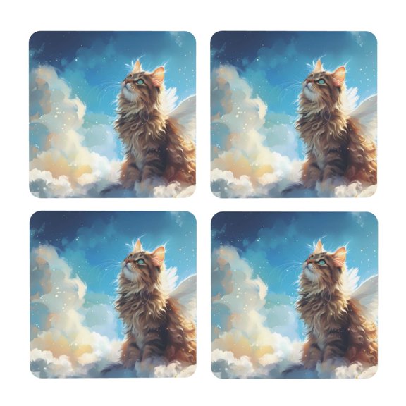 Xecao Blue Sky Winged Cat for MDF Cork Coaster 4 Pcs,Drink Coasters,Suit for House Warming Gifts New Home ,Coffee Table Decor-Square