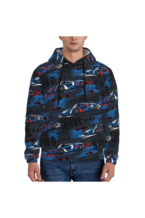 Blue Sports Car Pattern Men's Adult Pullover Hoodie,Hooded Sweatshirt-Small