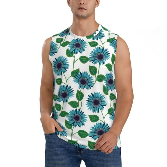 Xecao Blue Sunflowers Print Men's Tank Top: Sleek Sleeveless Tee for Casual Sports and Beach Occasions-X-Large