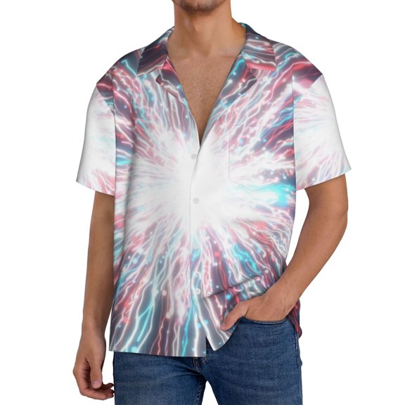 Xecao Blue Swirl Fireworks Men's Casual Short-sleeved Shirt, a button-up collared shirt with a pocket-XX-Large