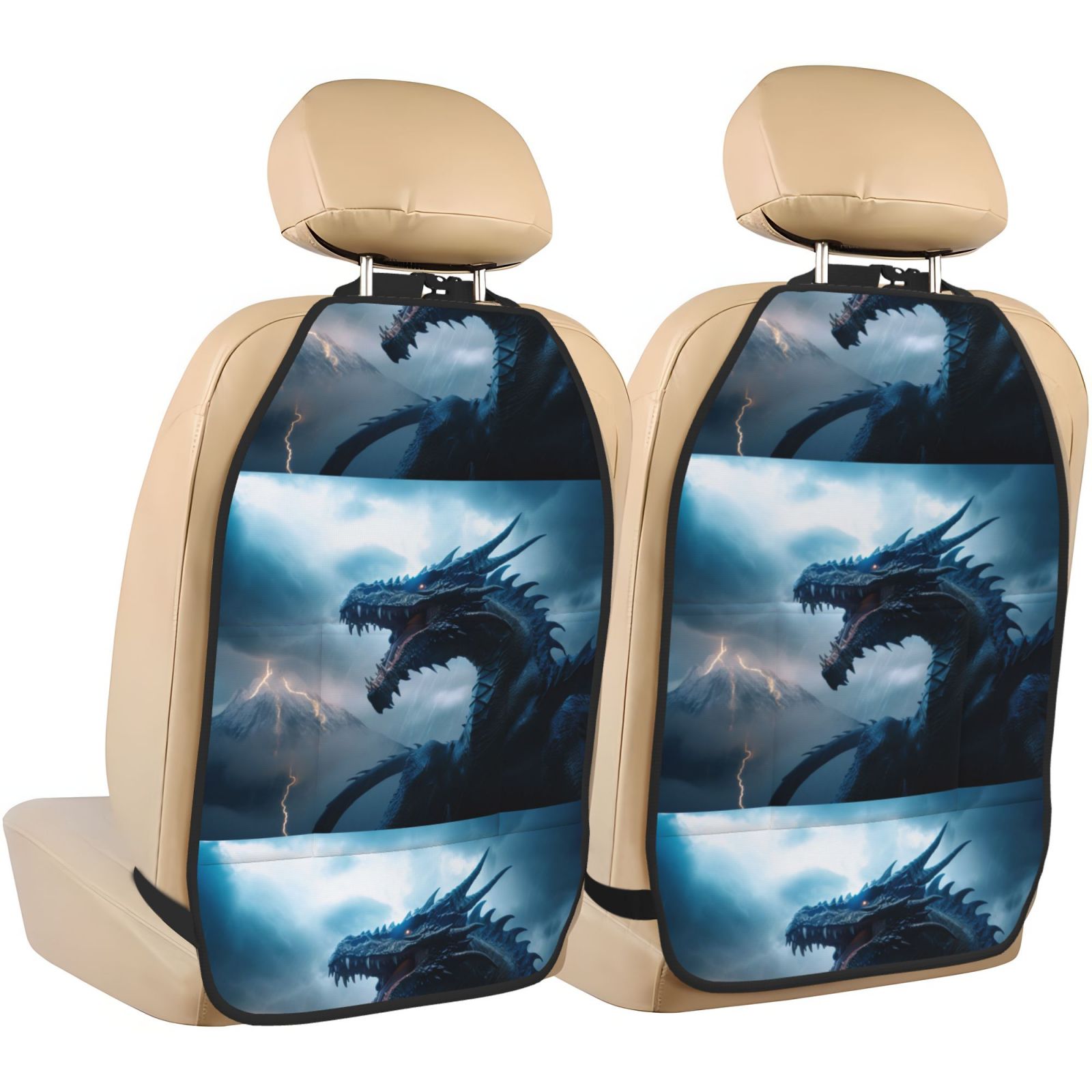 Xecao Blue Thunder Storm Dragon Pattern Car Seat Back Protector 2 Pack Large Capacity Pocket, Kick Mats Back Seat Protector