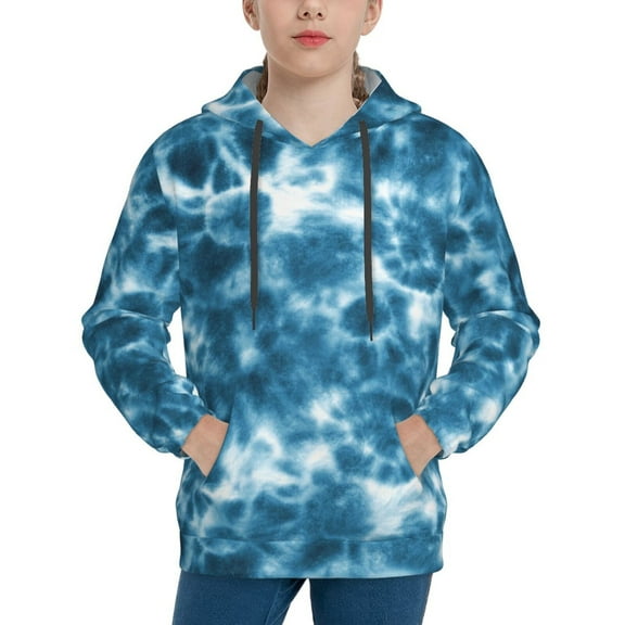 Xecao Blue Tie Dye Print Youth Hoodie Sweatshirt,Boys Hoodies,Essentials Hoodie-Small
