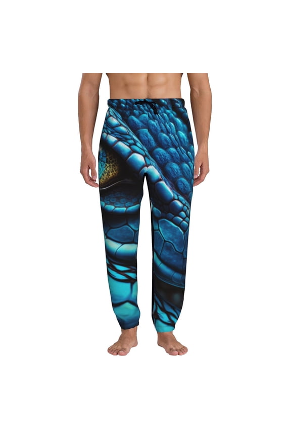 Blue Viper Snake Closeup Face Print Active Tech Joggers for Men, Mens Sweatpants Lounge Pants with Pockets-Small