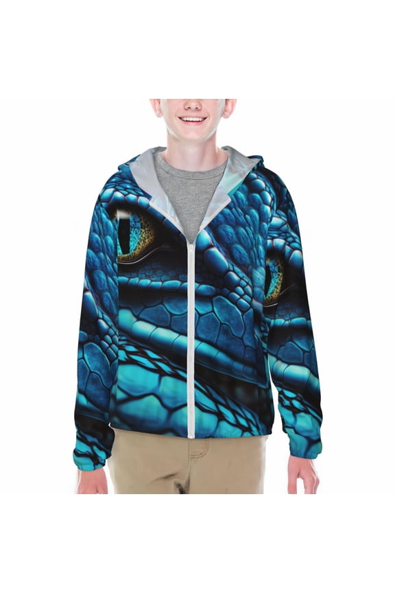 Blue Viper Snake Closeup Face Print Fishing Shirts for teenager Long Sleeve UV Sun Protection Hoodie with Zipper Outdoor Hiking Shirts-Large